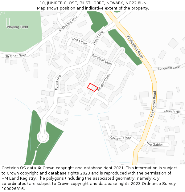 10, JUNIPER CLOSE, BILSTHORPE, NEWARK, NG22 8UN: Location map and indicative extent of plot