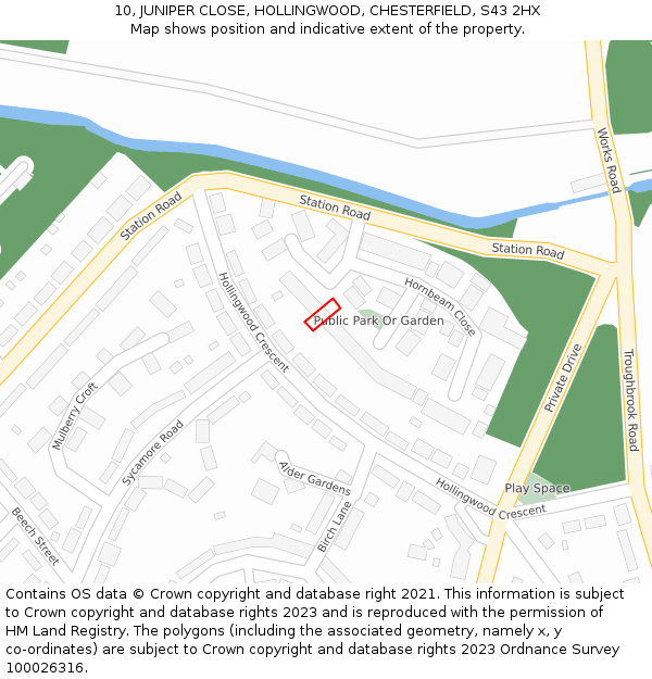 10, JUNIPER CLOSE, HOLLINGWOOD, CHESTERFIELD, S43 2HX: Location map and indicative extent of plot