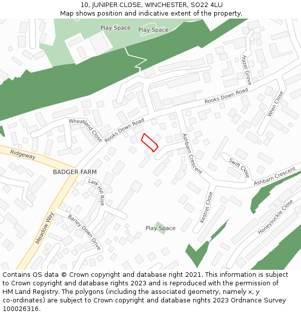 10, JUNIPER CLOSE, WINCHESTER, SO22 4LU: Location map and indicative extent of plot