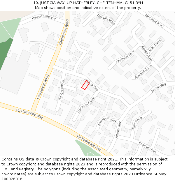 10, JUSTICIA WAY, UP HATHERLEY, CHELTENHAM, GL51 3YH: Location map and indicative extent of plot