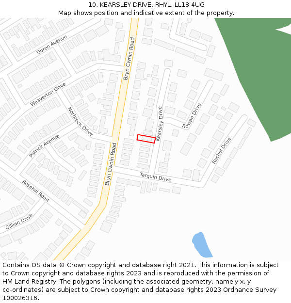 10, KEARSLEY DRIVE, RHYL, LL18 4UG: Location map and indicative extent of plot