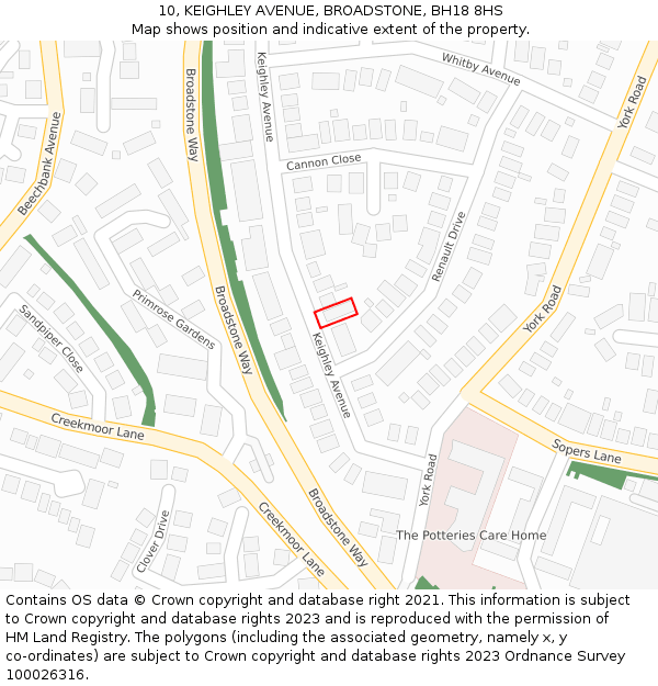 10, KEIGHLEY AVENUE, BROADSTONE, BH18 8HS: Location map and indicative extent of plot