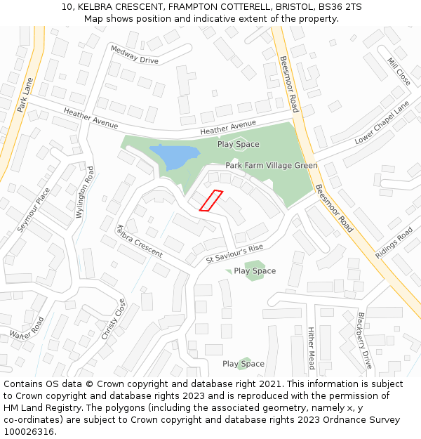 10, KELBRA CRESCENT, FRAMPTON COTTERELL, BRISTOL, BS36 2TS: Location map and indicative extent of plot