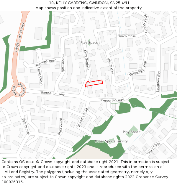 10, KELLY GARDENS, SWINDON, SN25 4YH: Location map and indicative extent of plot