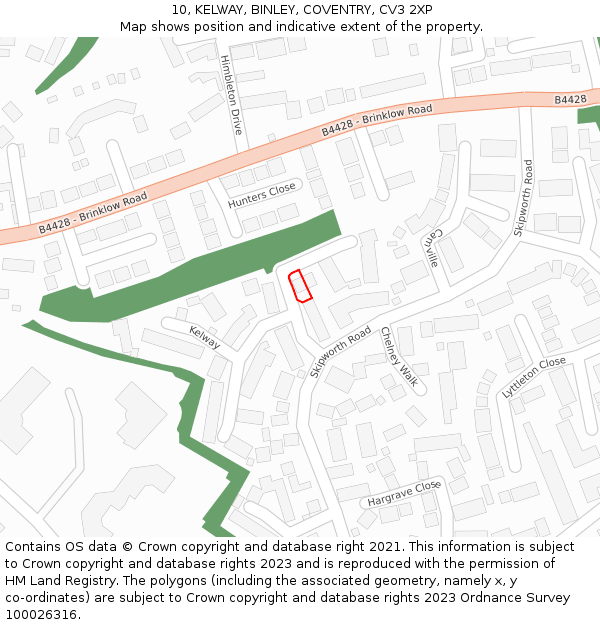 10, KELWAY, BINLEY, COVENTRY, CV3 2XP: Location map and indicative extent of plot