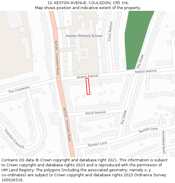 10, KESTON AVENUE, COULSDON, CR5 1HL: Location map and indicative extent of plot