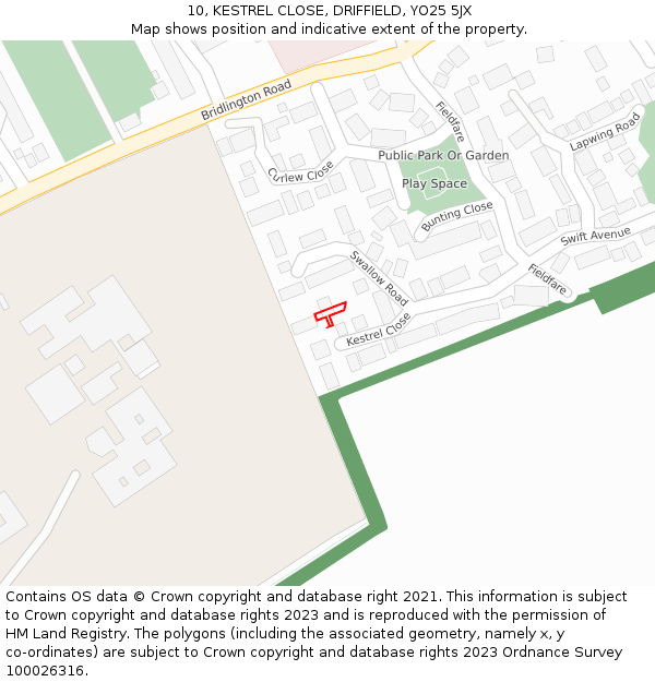 10, KESTREL CLOSE, DRIFFIELD, YO25 5JX: Location map and indicative extent of plot