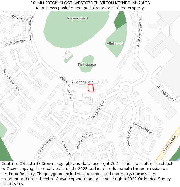 10, KILLERTON CLOSE, WESTCROFT, MILTON KEYNES, MK4 4GA: Location map and indicative extent of plot