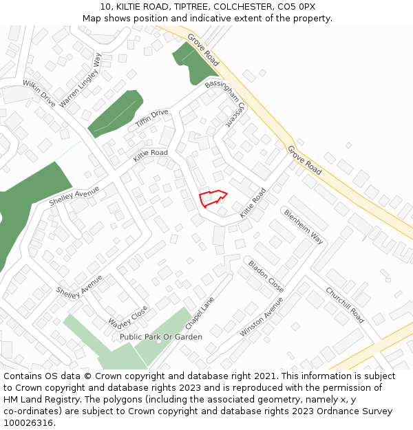 10, KILTIE ROAD, TIPTREE, COLCHESTER, CO5 0PX: Location map and indicative extent of plot