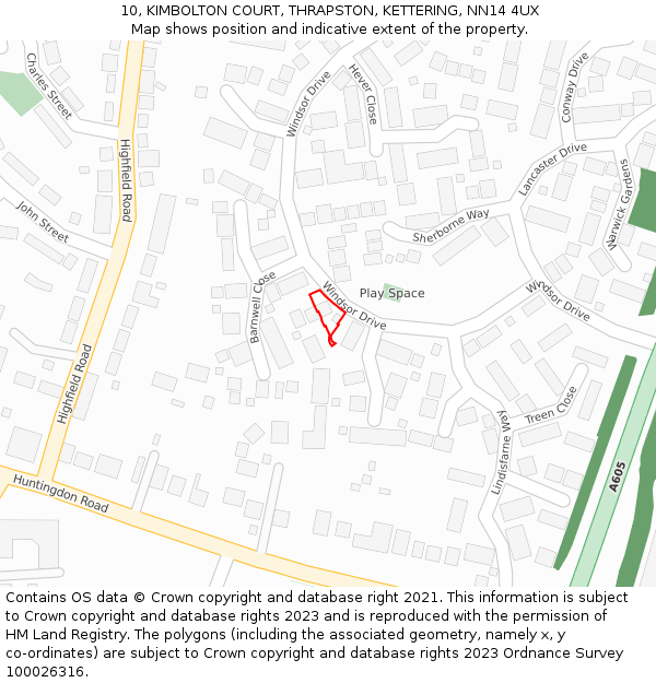 10, KIMBOLTON COURT, THRAPSTON, KETTERING, NN14 4UX: Location map and indicative extent of plot