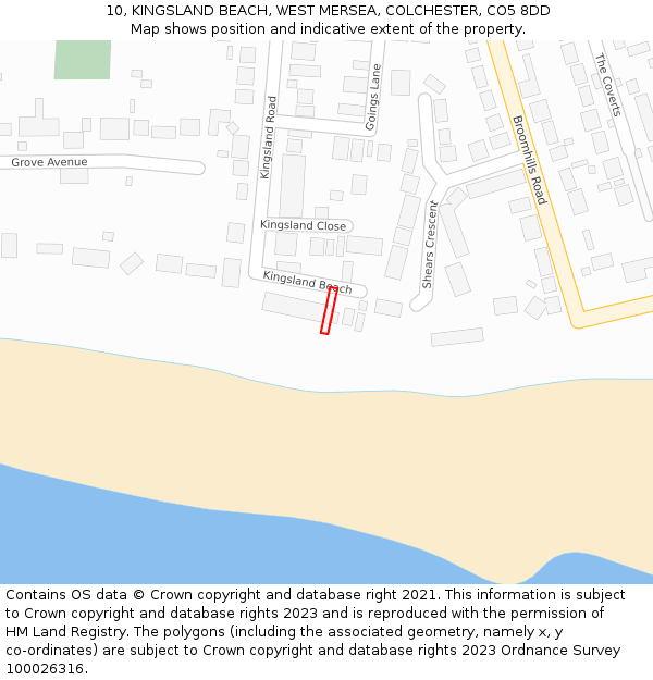 10, KINGSLAND BEACH, WEST MERSEA, COLCHESTER, CO5 8DD: Location map and indicative extent of plot