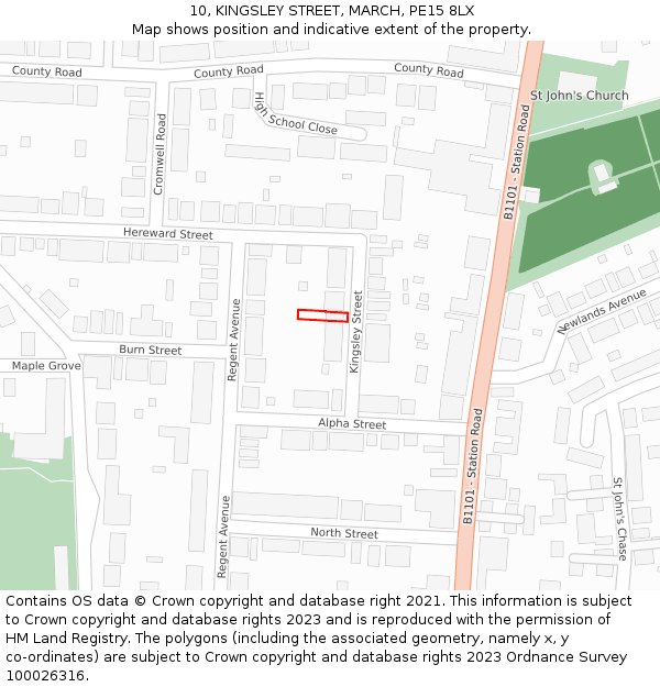 10, KINGSLEY STREET, MARCH, PE15 8LX: Location map and indicative extent of plot