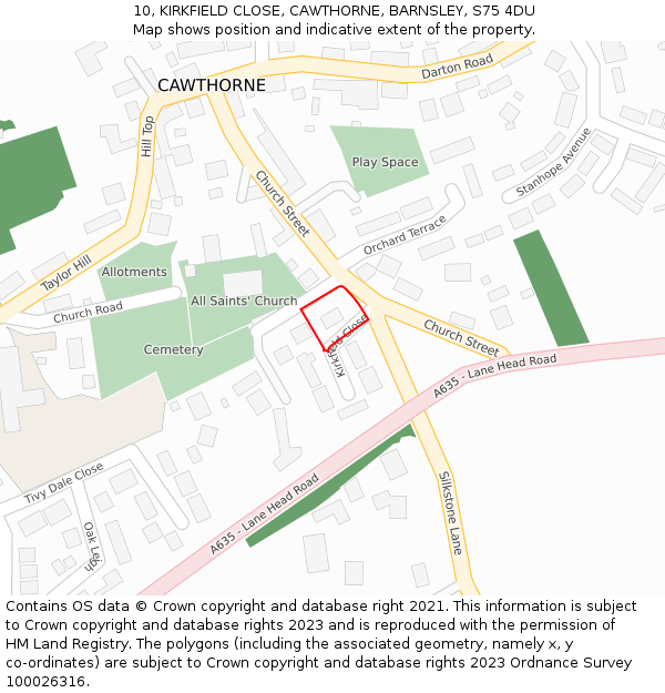 10, KIRKFIELD CLOSE, CAWTHORNE, BARNSLEY, S75 4DU: Location map and indicative extent of plot