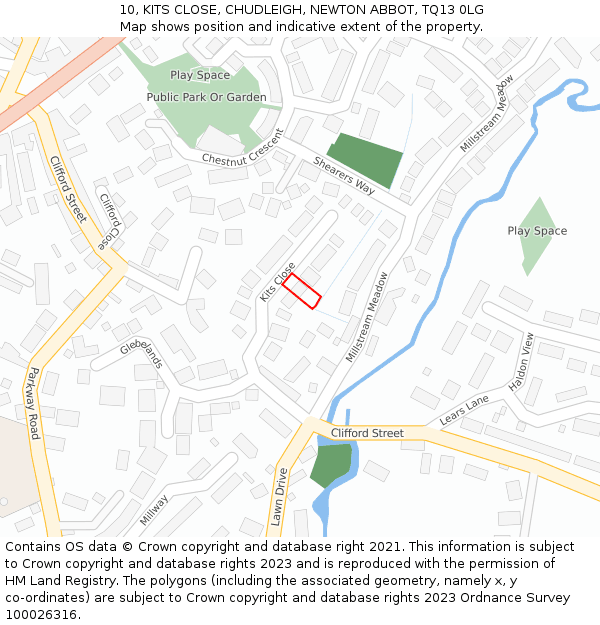 10, KITS CLOSE, CHUDLEIGH, NEWTON ABBOT, TQ13 0LG: Location map and indicative extent of plot