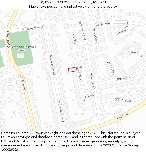 10, KNIGHTS CLOSE, FELIXSTOWE, IP11 9NU: Location map and indicative extent of plot