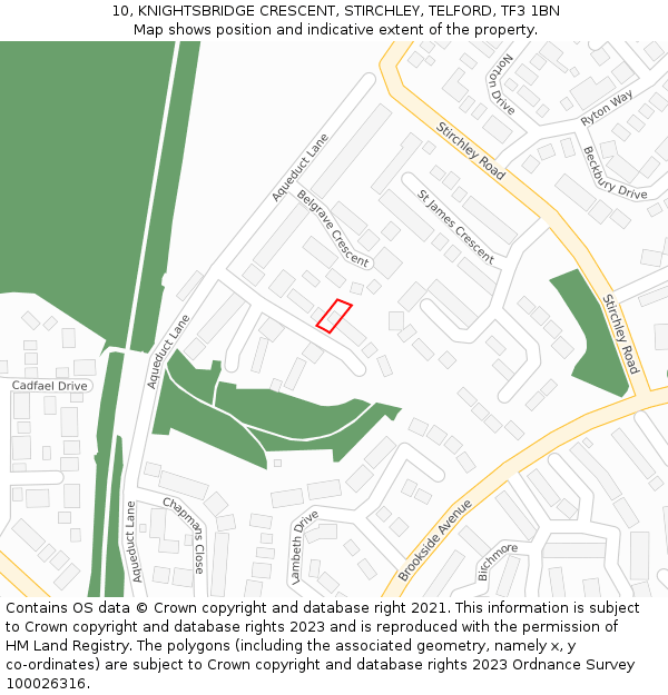 10, KNIGHTSBRIDGE CRESCENT, STIRCHLEY, TELFORD, TF3 1BN: Location map and indicative extent of plot