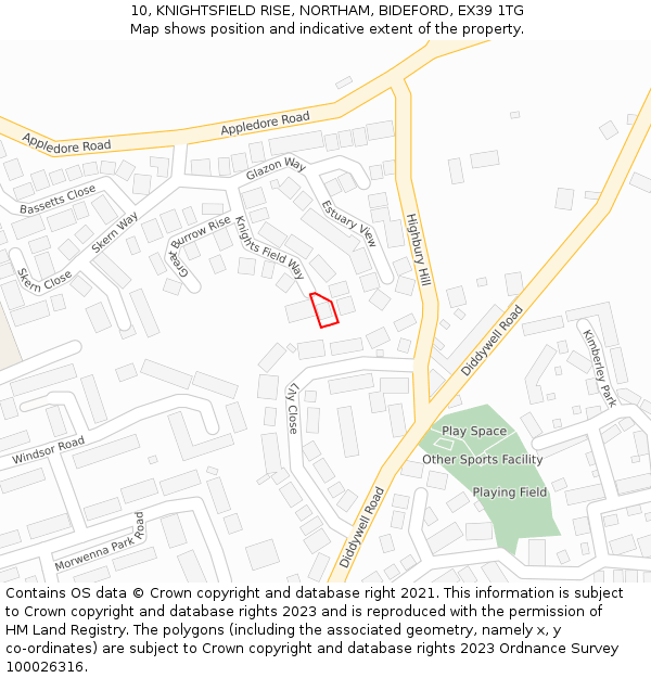 10, KNIGHTSFIELD RISE, NORTHAM, BIDEFORD, EX39 1TG: Location map and indicative extent of plot