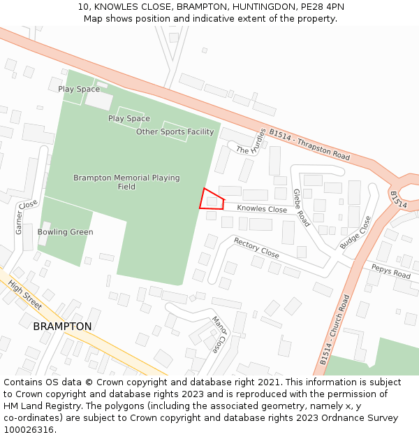 10, KNOWLES CLOSE, BRAMPTON, HUNTINGDON, PE28 4PN: Location map and indicative extent of plot