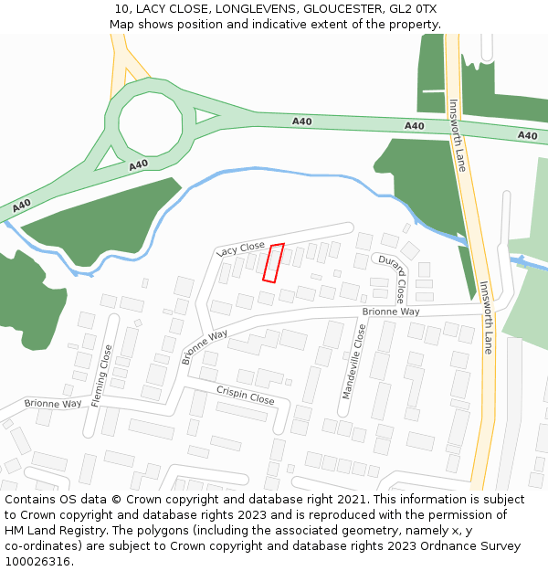 10, LACY CLOSE, LONGLEVENS, GLOUCESTER, GL2 0TX: Location map and indicative extent of plot