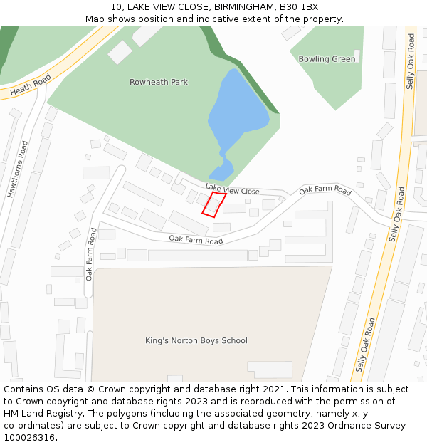 10, LAKE VIEW CLOSE, BIRMINGHAM, B30 1BX: Location map and indicative extent of plot