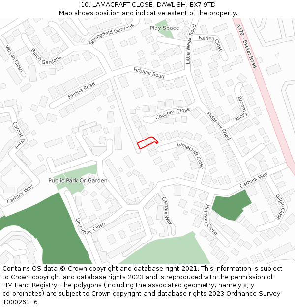10, LAMACRAFT CLOSE, DAWLISH, EX7 9TD: Location map and indicative extent of plot