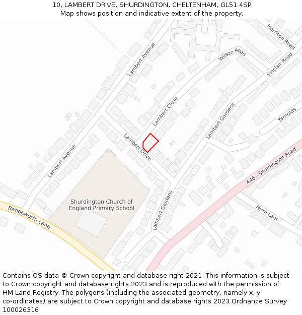 10, LAMBERT DRIVE, SHURDINGTON, CHELTENHAM, GL51 4SP: Location map and indicative extent of plot