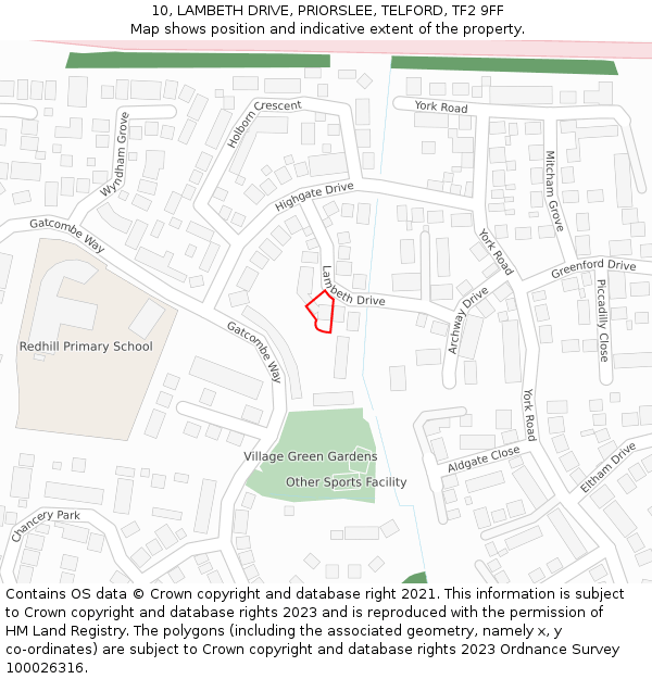 10, LAMBETH DRIVE, PRIORSLEE, TELFORD, TF2 9FF: Location map and indicative extent of plot