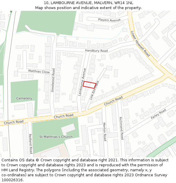 10, LAMBOURNE AVENUE, MALVERN, WR14 1NL: Location map and indicative extent of plot