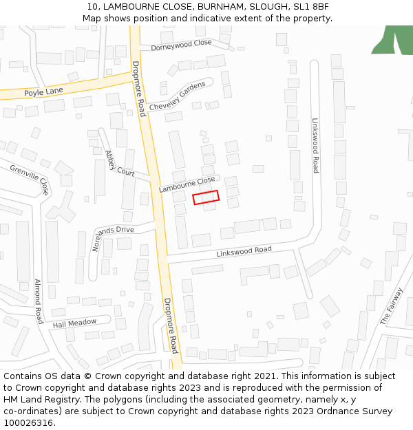 10, LAMBOURNE CLOSE, BURNHAM, SLOUGH, SL1 8BF: Location map and indicative extent of plot