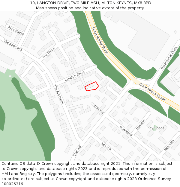 10, LANGTON DRIVE, TWO MILE ASH, MILTON KEYNES, MK8 8PD: Location map and indicative extent of plot