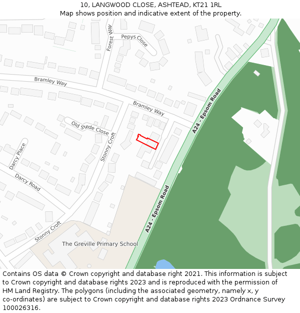 10, LANGWOOD CLOSE, ASHTEAD, KT21 1RL: Location map and indicative extent of plot