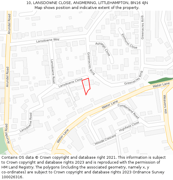 10, LANSDOWNE CLOSE, ANGMERING, LITTLEHAMPTON, BN16 4JN: Location map and indicative extent of plot