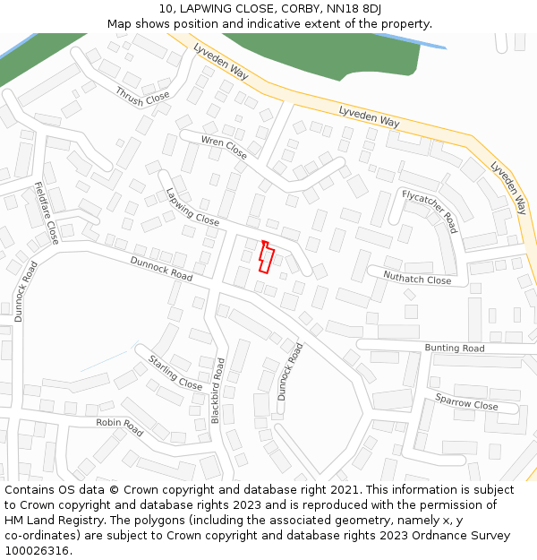 10, LAPWING CLOSE, CORBY, NN18 8DJ: Location map and indicative extent of plot