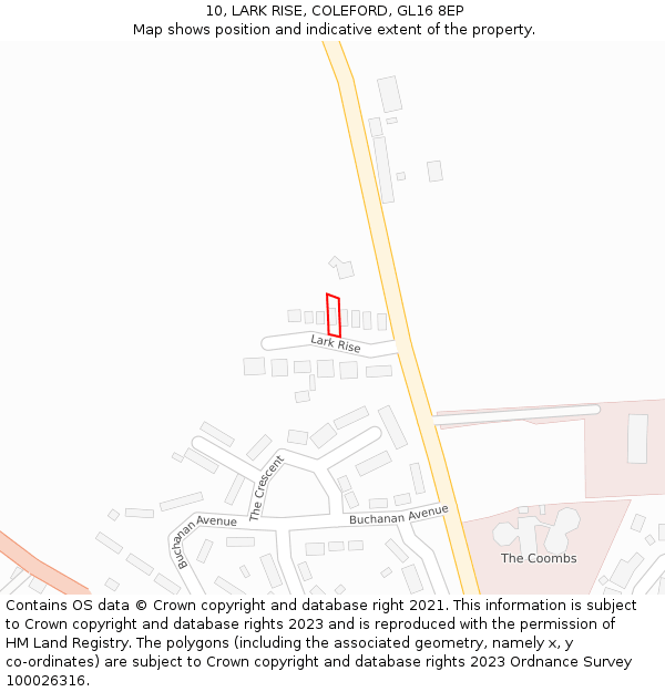 10, LARK RISE, COLEFORD, GL16 8EP: Location map and indicative extent of plot