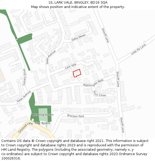 10, LARK VALE, BINGLEY, BD16 3QA: Location map and indicative extent of plot