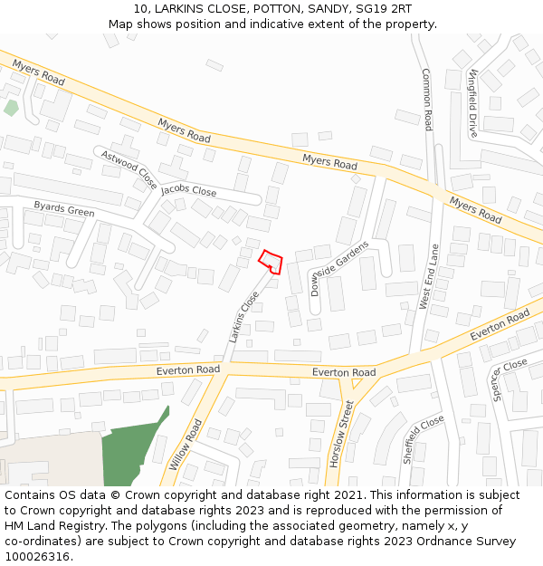 10, LARKINS CLOSE, POTTON, SANDY, SG19 2RT: Location map and indicative extent of plot