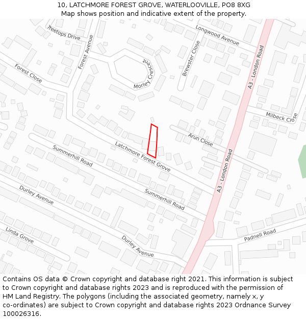 10, LATCHMORE FOREST GROVE, WATERLOOVILLE, PO8 8XG: Location map and indicative extent of plot