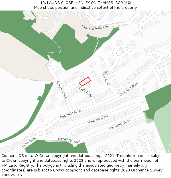 10, LAUDS CLOSE, HENLEY-ON-THAMES, RG9 1UX: Location map and indicative extent of plot