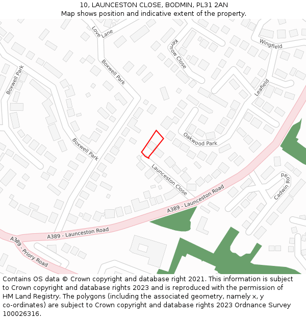 10, LAUNCESTON CLOSE, BODMIN, PL31 2AN: Location map and indicative extent of plot