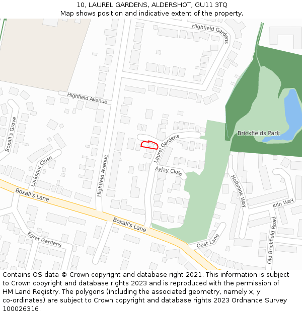 10, LAUREL GARDENS, ALDERSHOT, GU11 3TQ: Location map and indicative extent of plot