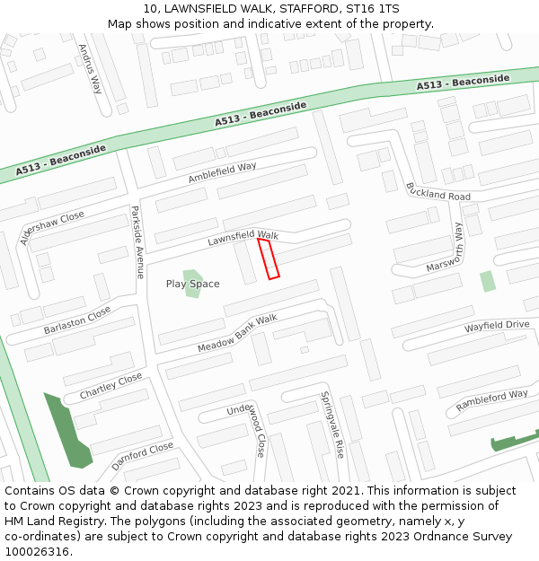 10, LAWNSFIELD WALK, STAFFORD, ST16 1TS: Location map and indicative extent of plot