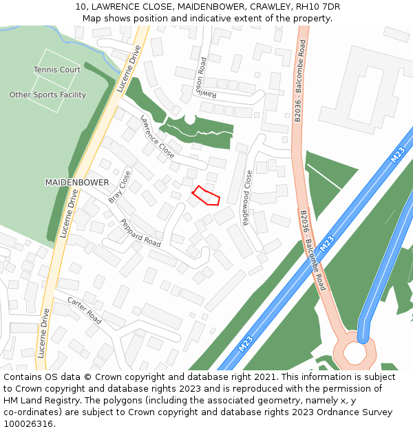 10, LAWRENCE CLOSE, MAIDENBOWER, CRAWLEY, RH10 7DR: Location map and indicative extent of plot