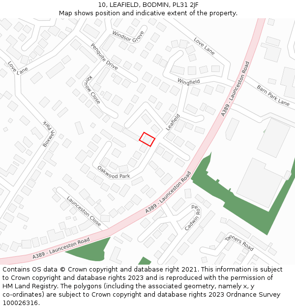 10, LEAFIELD, BODMIN, PL31 2JF: Location map and indicative extent of plot