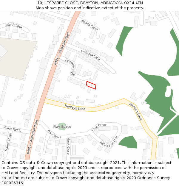 10, LESPARRE CLOSE, DRAYTON, ABINGDON, OX14 4FN: Location map and indicative extent of plot