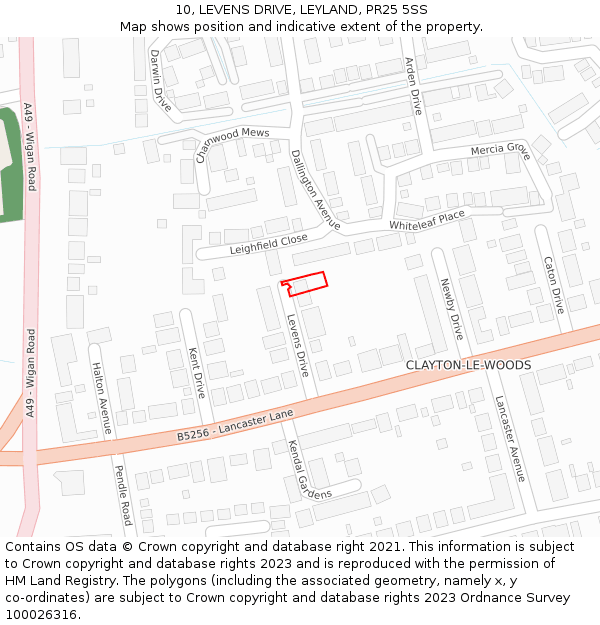 10, LEVENS DRIVE, LEYLAND, PR25 5SS: Location map and indicative extent of plot