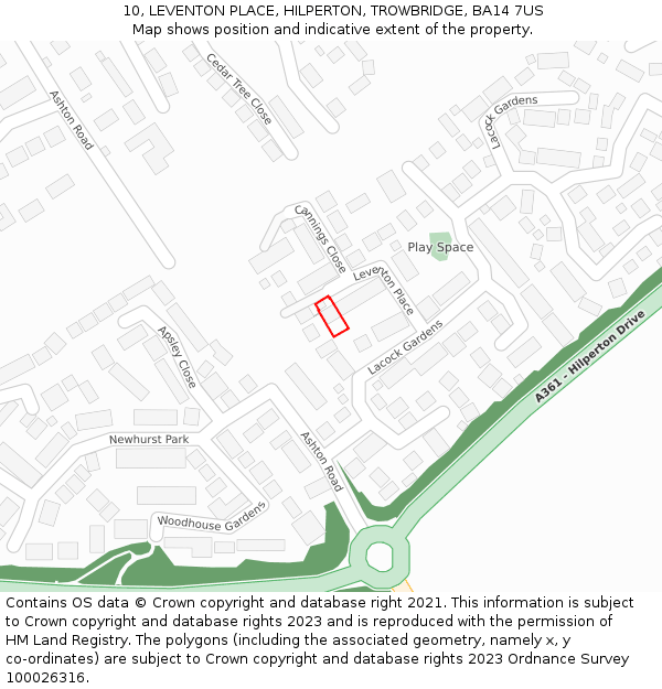 10, LEVENTON PLACE, HILPERTON, TROWBRIDGE, BA14 7US: Location map and indicative extent of plot