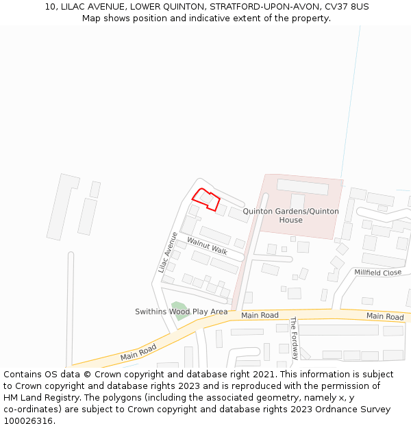 10, LILAC AVENUE, LOWER QUINTON, STRATFORD-UPON-AVON, CV37 8US: Location map and indicative extent of plot