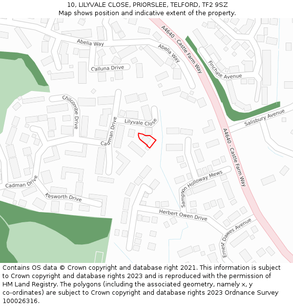 10, LILYVALE CLOSE, PRIORSLEE, TELFORD, TF2 9SZ: Location map and indicative extent of plot