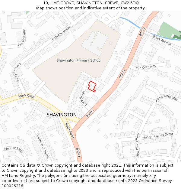 10, LIME GROVE, SHAVINGTON, CREWE, CW2 5DQ: Location map and indicative extent of plot