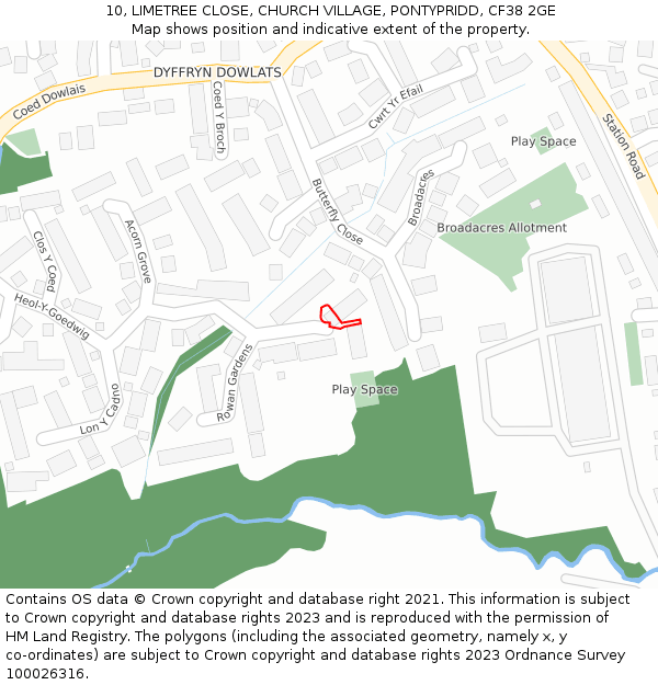 10, LIMETREE CLOSE, CHURCH VILLAGE, PONTYPRIDD, CF38 2GE: Location map and indicative extent of plot